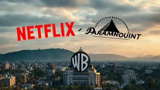 A dramatic image showing two giant media company logos (Netflix and Paramount) clashing over a smaller, iconic film studio logo (Warner Bros. Discovery), set against a backdrop of a bustling Hollywood.