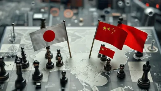 An artistic depiction of a geopolitical chessboard in East Asia, with miniature flags of Japan and China in a standoff, surrounded by technological and economic symbols.