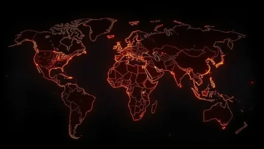 A visually striking global map with glowing, interconnected lines symbolizing complex international relations, with some lines appearing tense and others harmonious, set against a dark, dramatic background. Emphasize mystery and the potential for change.
