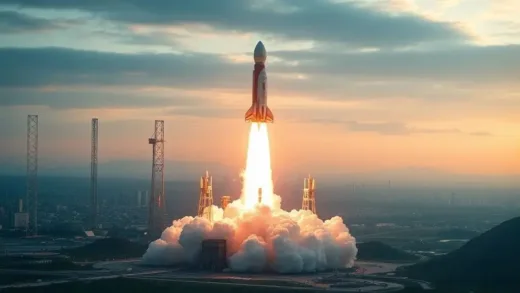 An exciting image of a rocket launching with a futuristic city in the background, symbolizing space exploration and future technology.