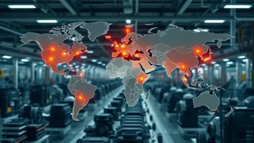 A dynamic world map with illuminated points indicating major automotive and EV factories in US, Europe, China, India. Zooming into a factory floor showing various car components with a subtle, recurring label.