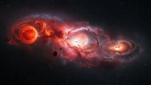 A mesmerizing cosmic scene showing diverse celestial phenomena: a dying red supergiant, a swirling nebula where stars are born, and distant galaxies, all against a dark, star-filled background.