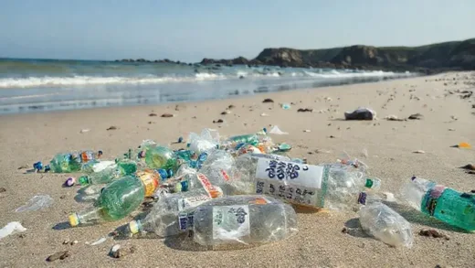A beach with various items washed ashore, focusing on discarded plastic bottles and packaging with Korean text. The setting is a slightly rugged coastline, implying a border area. Clear sky and gentle waves.