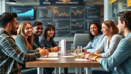 A group of diverse young people (MZ generation) gathered around a table, engaged in a lively and friendly discussion about personal finance, with a subtle backdrop of modern financial charts and digital screens.