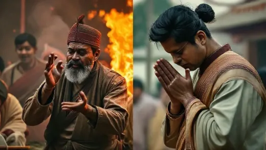 A split image showing two distinct cultural scenes, one with a heated discussion and another with a humble bow, symbolizing cultural contrast and deep insights from entertainment.