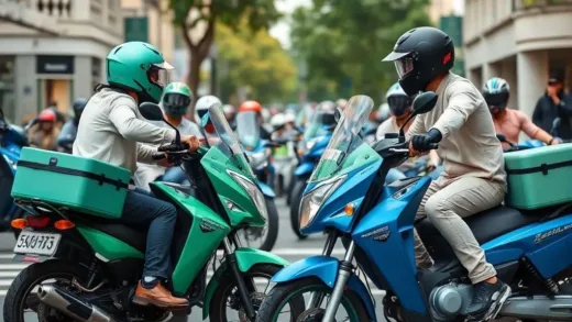 A dynamic image showing two groups of delivery motorcycles, one predominantly mint green and the other a strong blue, clashing or passing each other on a city street, symbolizing a market shift. Focus on the helmets and delivery boxes.