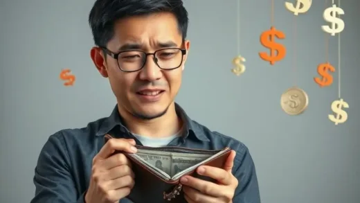 A person looking stressed about finances, holding an empty wallet. In the background, Korean won currency symbols are falling, suggesting depreciation.