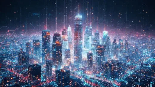 A dynamic image of advanced AI chips resembling a futuristic cityscape, with data streams flowing around them, symbolizing innovation and efficiency in the AI hardware industry.