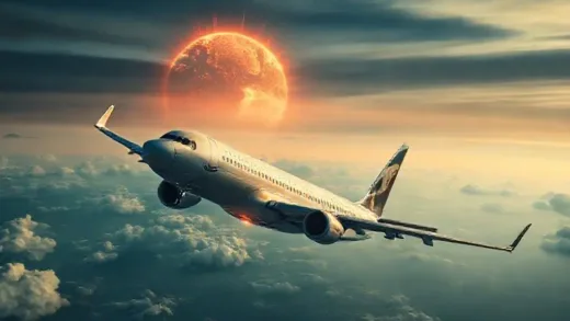 A dramatic scene of an Airbus A320 aircraft in a sudden dive, with a subtle depiction of solar flares or geomagnetic activity in the sky above, emphasizing the invisible threat. The overall tone should be serious and a bit tense, showing the aircraft in distress but with a hint of resilience.