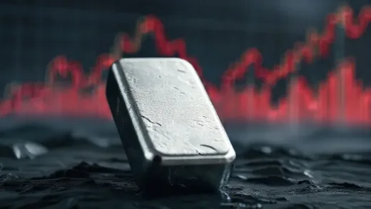 A dramatic image showing a silver bar with a rapidly rising stock chart in the background, contrasting with a faint shadow of a past market crash.