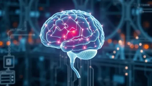 A futuristic image of a human brain connected to a computer interface, with subtle glowing lines indicating data flow. The background is a blend of technology and human elements, emphasizing the seamless integration of thought and machine. Focus on the visionary aspect of brain-computer interface technology.