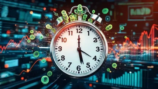 A dynamic image showing a clock with growing money symbols, intertwined with graphs and digital interfaces, representing the powerful combination of time and smart investment in a fast-paced financial world.