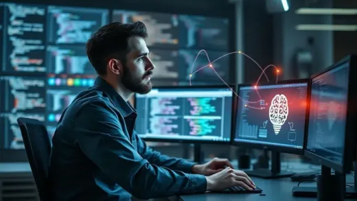 A futuristic developer sitting at a desk, looking at multiple screens with code and design elements, with AI glowing lines connecting to a human brain icon, symbolizing the shift from coding to design and judgment in the AI era. The developer looks thoughtful and strategic.