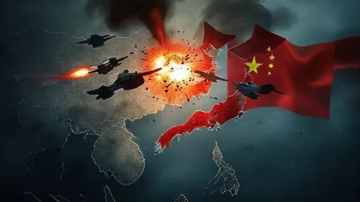 A visually striking representation of East Asian geopolitical tension, with abstract military symbols clashing over a map of the region, specifically highlighting Japan and China, with dramatic lighting and a sense of imminent change. The overall mood should be serious and strategic.