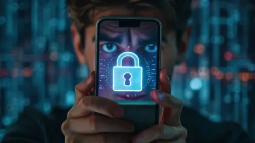 A person looking worriedly at a smartphone screen displaying a lock icon, with digital data flowing in the background, symbolizing data vulnerability.