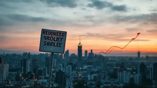 A chaotic real estate market with conflicting trends, showing reduced transaction signs but rising price graphs in the background. City skyline at dusk.