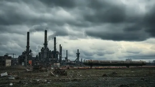 A crumbling industrial landscape in Germany, with broken factory structures and abandoned machinery. In the background, two large, broken pipelines, one labeled "Russia Energy" and the other "China Market," lie detached from the factories. Dark, stormy clouds gather overhead, symbolizing an economic perfect storm. Emphasize the industrial decline and the detached pipelines as key visual elements. Cinematic, realistic photo with a somber mood.