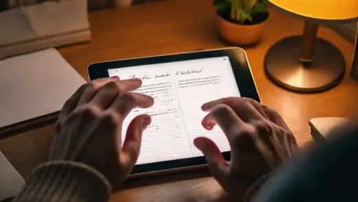 An iPad on a desk, glowing softly, displaying a beautiful, highly customized digital diary. Hands are reaching towards it as if about to start writing. The background is warm and inviting.