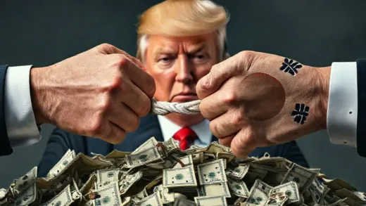 A dramatic visual of two hands (representing US and Korea) in a tense tug-of-war over a pile of money, with a stern-faced Trump in the background, conveying economic tension.