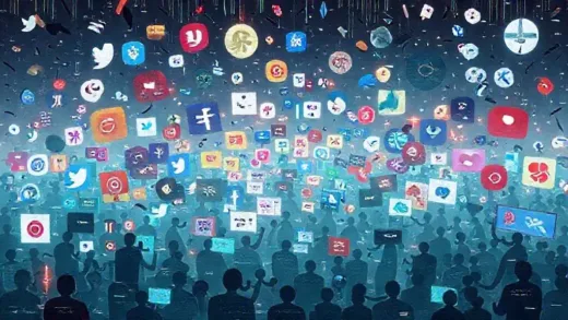 A chaotic digital landscape with broken icons of popular social media, AI services, and gaming platforms, representing a global internet outage. The scene is filled with glitch effects and confused users.