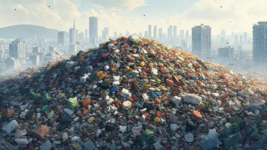 A striking illustration of a massive pile of diverse waste in an urban setting, with the Seoul skyline faintly visible in the background, conveying a sense of overwhelming volume and urgency, realistic, detailed, high resolution.