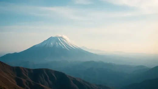 A majestic view of Baekdu Mountain with a subtle hint of volcanic activity in the background, perhaps a wisp of steam, in a slightly dramatic and awe-inspiring style, capturing both its beauty and potential power.