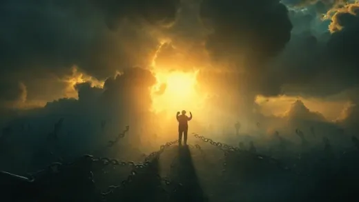 A vivid image illustrating economic anxiety and uncertainty, with shadows reflecting past crises, gradually giving way to a hopeful light. Metaphorical chains breaking.