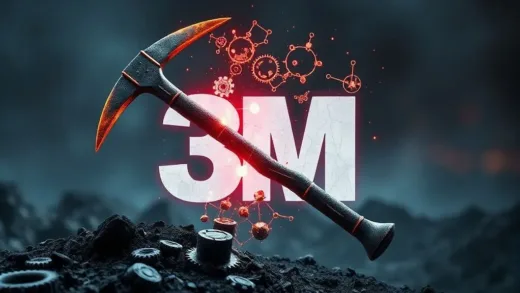 A conceptual image showing a broken mining pickaxe transforming into a futuristic 3M logo, with gears and scientific symbols in the background, representing failure turning into innovation.