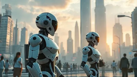 A futuristic cityscape where humanoid robots are subtly integrated into daily life, helping people in various tasks, with a hopeful, visionary atmosphere.