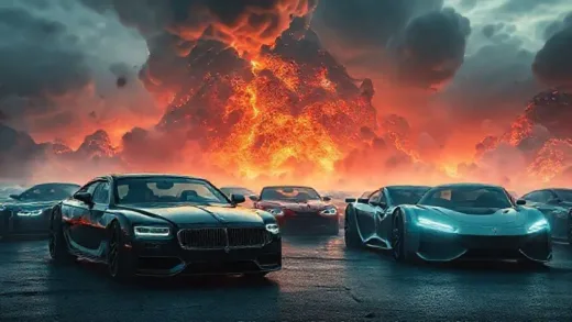 A dramatic, stylized image of the automotive industry undergoing a seismic shift, with iconic luxury cars looking uncertain amidst futuristic electric vehicle concepts.