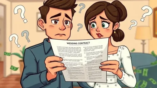 Frustrated young couple looking at a complex wedding contract with small print and hidden fees, surrounded by question marks and overflowing money symbols, stressed expression, warm indoor lighting, cartoonish yet relatable style.