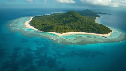 A beautiful, serene aerial view of a Caribbean island with lush greenery and clear blue waters, but with a subtle, ominous undertone, hinting at a hidden darkness beneath its beauty. Focus on the contrast between paradise and sinister secrets.