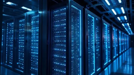 A futuristic, sleek AWS data center server rack with glowing blue lights, specifically highlighting Trainium 3 Ultra Servers with 144 interconnected AI chips. The environment should convey high technology and immense computing power.