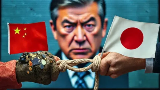 A metaphorical image showing a tug-of-war between China and Japan, with rare earth minerals on one side and advanced semiconductor materials on the other, symbolizing a trade war. In the background, a diplomat's face distorted in anger, speaking harsh words on a digital screen.