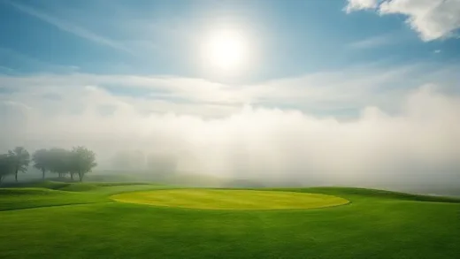 A vibrant, green golf course under a bright sky, with a stark contrast to a desolate, empty golf course covered in a chilling fog, representing the rise and fall of the golf boom.