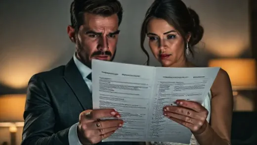 A frustrated couple looking at a complex wedding contract with many hidden fees, dimly lit, representing confusion and lack of transparency. The scene is modern and slightly dramatic.