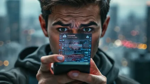 A person looking worriedly at a smartphone screen, which displays abstract digital data and security warnings. The background is a blurred cityscape, emphasizing the ubiquitous nature of digital threats. The overall mood is one of concern and urgency.
