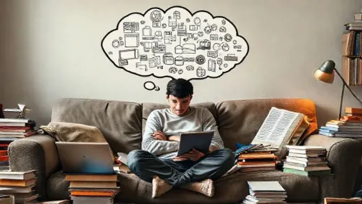 A person sitting on a couch, surrounded by books, laptops, and notebooks, looking thoughtful but inactive. There is a transparent thought bubble above their head filled with complex, interconnected plans and to-do lists, but their body language suggests hesitation or paralysis. The setting is cozy but slightly cluttered, symbolizing accumulated knowledge without action.