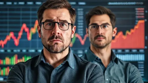 A person looking stressed in front of a volatile stock market graph, transitioning to a calm person confidently looking at a stable bond market graph. Financial charts and data analysis in the background.