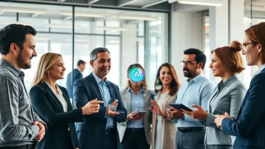 A diverse group of leaders in a modern, brightly lit office collaborating with AI tools, some interacting with holographic interfaces, others reviewing data on screens. Emphasize leadership, innovation, and strategic thinking in the context of AI.