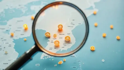 A magnifying glass hovering over a map of South Korea, with various small glowing coins scattered across different regions, symbolizing hidden financial opportunities. The atmosphere is bright and hopeful.