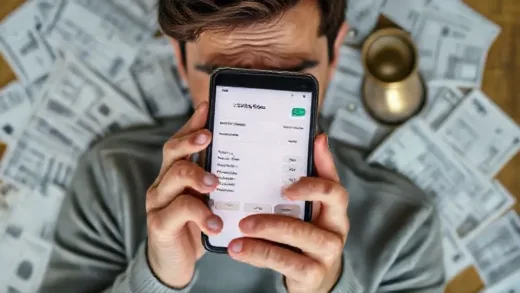 A person looking at an empty bank account on a smartphone with a worried expression, surrounded by bills and expenses.