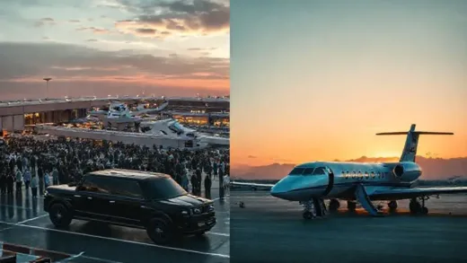 A striking contrast scene: on one side, a bustling commercial airport with long security lines and crowded waiting areas; on the other side, a serene private jet terminal at dawn, with a sleek black SUV parked next to a private jet, passengers elegantly boarding without any queues. The overall mood is one of exclusivity and efficiency.