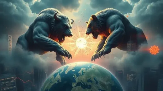 A dramatic visual depicting two colossal forces, one representing the US Federal Reserve printing money, and the other representing the Bank of Japan tightening monetary policy, clashing over a global financial market, with a clear distinction between a 'bull market' and a 'bear market' on either side. Futuristic, tense atmosphere.