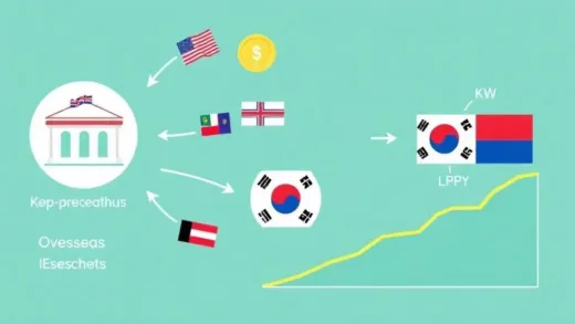 A vibrant infographic showing money flowing from a "National Pension Fund" icon towards "Overseas Investments" represented by various country flags, with arrows pointing to "Dollar Exchange" and then "KRW Depreciation" illustrated by a downward trend graph.