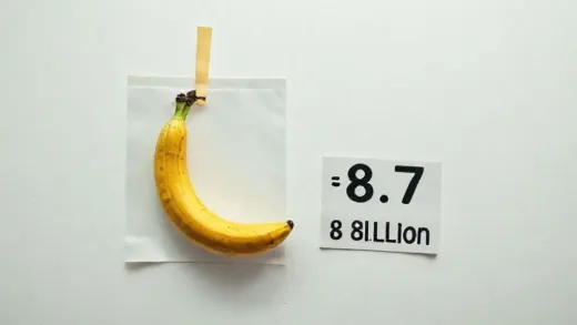 A shocking photo of a banana taped to a white wall, with a huge price tag of 8.7 billion won next to it. The image should convey a sense of absurdity and high value, with a slightly abstract or surreal artistic touch.