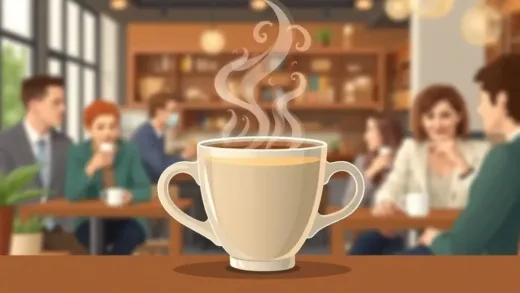 A dynamic illustration of a steaming cup of decaf coffee with a subtle halo effect, symbolizing its rising popularity. The background features a blurred, modern cafe setting with diverse people enjoying their drinks, suggesting a widespread trend. The overall mood is warm and inviting.
