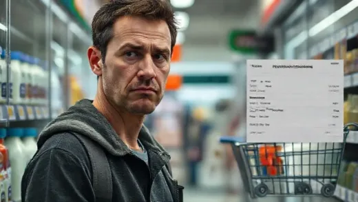 A person in a convenience store, looking at the milk price with a slight frown. In the background, subtly hinted elements of online shopping cart with changed delivery fees and a digital payslip showing reduced take-home pay. Everyday scene, subtle tension, slight unease.