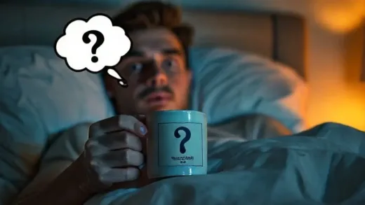 A person looking wide awake in bed at night, holding a coffee cup, with a thought bubble showing a question mark over a decaf coffee label. Soft, warm lighting for a bedroom scene.