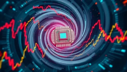 A swirling vortex of rumors affecting stock market charts with semiconductor chips at the center, stylized, abstract, digital art.